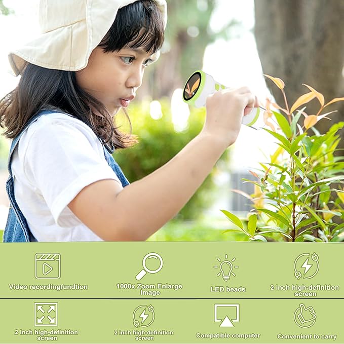 Microscope for Kids 1000X Handheld, 4K 2.0'' Screen Rechargeable Mini Pocket Digital Microscopes with 32 GB TF Card, Educational Science Toys for Children Aged 7 and Above.Over 84 Months