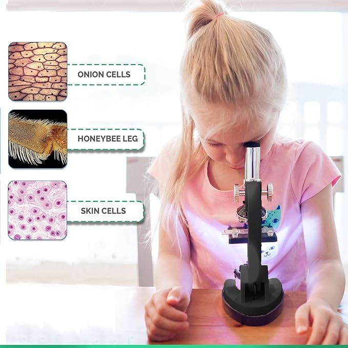 AMSCOPE-Kids 120X-1200X Black Metal Arm Starter Kids Student Microscope Kit with Fossil Dig Activity Kit and Insect Slides - M30-ABS-KT2-KVB2