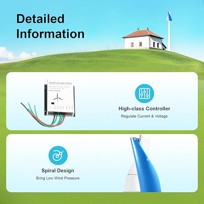 Bepritm Vertical Axis Wind Turbine, Wind Generator Kit with Controller & IP67 Protection, Ultra-Quiet Design for Home, RV, Business, Industrial Energy Supply (100W 12V White&Blue 2 Blades)