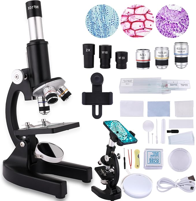 Microscope 40X-2000X Magnification, High Definition Wide Angle Eyepiece with Microscope Slide, Cell Phone Viewing, for Homeschool Labs