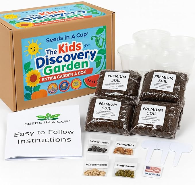 Kids Discovery Garden Kit, Complete Indoor/Outdoor Growing Set, Premium Soil, 4 Seed Varieties,Educational, for Ages 8+, Made in USA, Great Gift for Holiday, Gift Idea