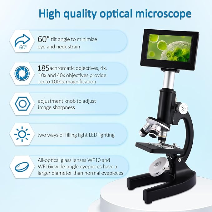 Microscope 40X-2500X Magnification, HD Wide Angle Eyepieces, 4-inch High-Pixel Display with LED Fill Light 3, Cell Phone Observable, for Home School Labs (Black)