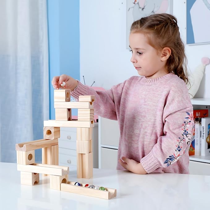 Wooden Marble Run for Kids Ages 4-8, 60 Pieces Wood Building Blocks Toys and Construction Play Set, Marble Track Maze Game STEM Learning Toys Gifts for Boys Girls