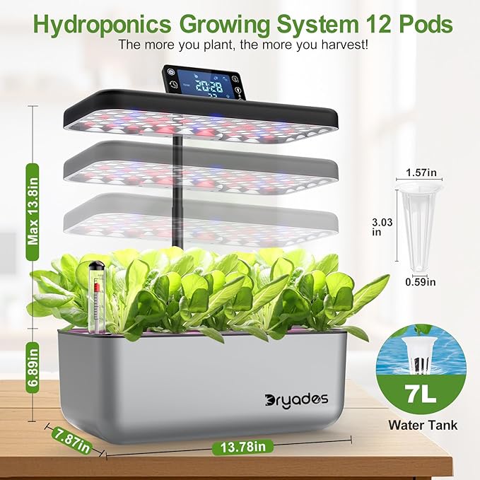 Hydroponic Growing System Kit with Operation Screen + 3 Free Seeds (Lettuce, Salad Mixed, Basil), 12 Pods Indoor Smart Gardening Herb Planter, 24W Full Spectrum LED Grow Light Growing System (Silver)