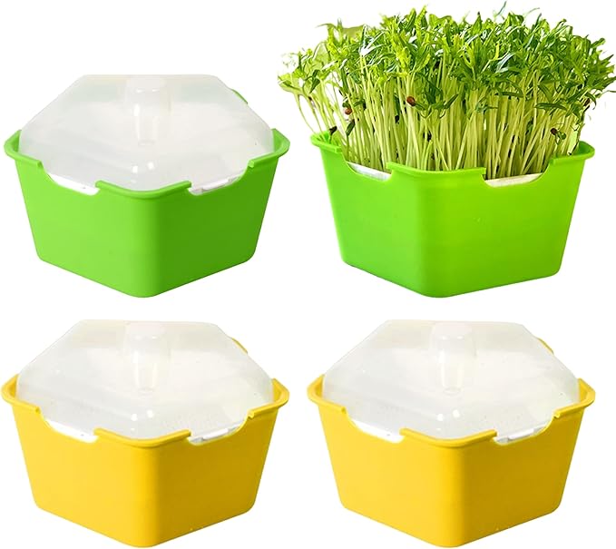 Seed Sprouter Tray with Cover Plastic Seedling Nursery Tray Soil-Free for Kitchen Garden Home Office 4 Pcs Sprouting Tray Sprouts Growing Tray Sprouts Growing Kit Germination Tray