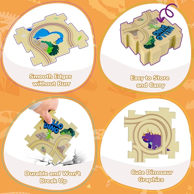 Puzzle Racer Kids Car Track Set with 2 Dino Cars, Kids Toys Boys 3-5, Toys for 3 4 5 6 Year Old Boys, Toys for Ages 3-4, Car Tracks for Toddlers, Montessori Toys for 3+ Year Old