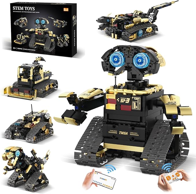 5 in 1 STEM Robot Toy Building Kit, Robot Building Kit with App & Remote Control for Kids Ages 8-14, Coding Robotics Technic Toy Bulldozer Erector for Boys Girls, 695 PCS
