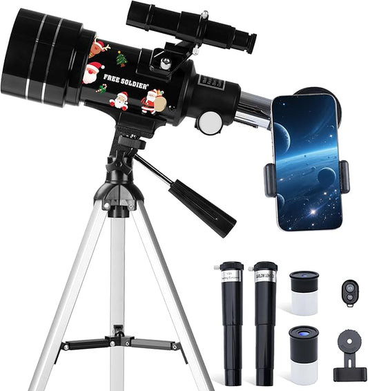 FREE SOLDIER Telescope for Kids 70mm Aperture Astronomical Refractor Telescopes for Beginners (15X-150X) 300mm Telescope for Adults High Powered with A Phone Adapter & A Wireless Remote (Black)