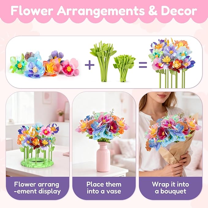 Fabric Flower Bouquets Toys DIY Flower Press Kit Arts and Crafts for Kids Ages 4-8 6-8 8-12 Girls, Creative Flower Bouquet Making Set Craft Supplies Gifts for 7 Year Old Girl Birthday Christmas