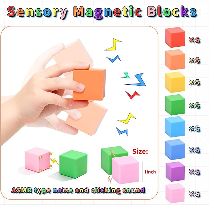 40PCS Magnetic Blocks for Kids Ages 3-8 - STEM Educational Building Toys, Classroom Must Have Magnet Toys for 3 4 5 6 Year Old Boys & Girls, Rainbow Color Magnetic Cubes for Toddlers