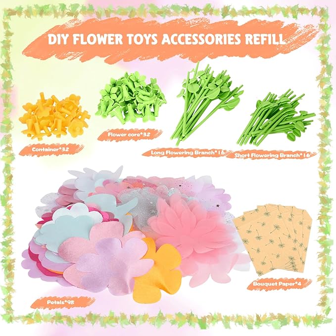 FURNIPLAS Fabric Flower Bouquet Toy Accessories Set, DIY Flowers Making Toy for Stem Refill Kit, Art & Crafts Flower Press Supply Kits, Birthday Christmas Gift for Age 4-8 Girl (Main Kit Not Included)