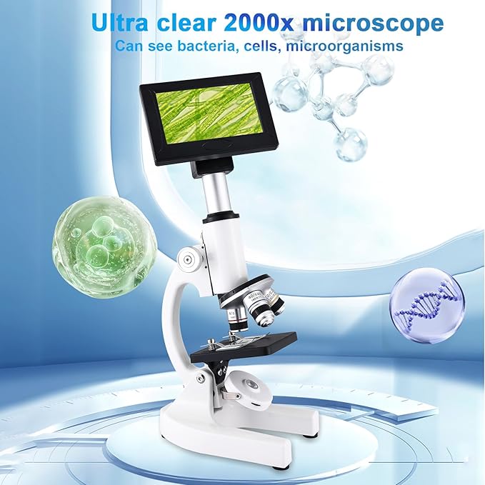 Microscope 40X-2500X Magnification, HD Wide Angle Eyepieces, 4-inch High-Pixel Display with LED Fill Light 3, Cell Phone Observable, for Home School Labs (White)