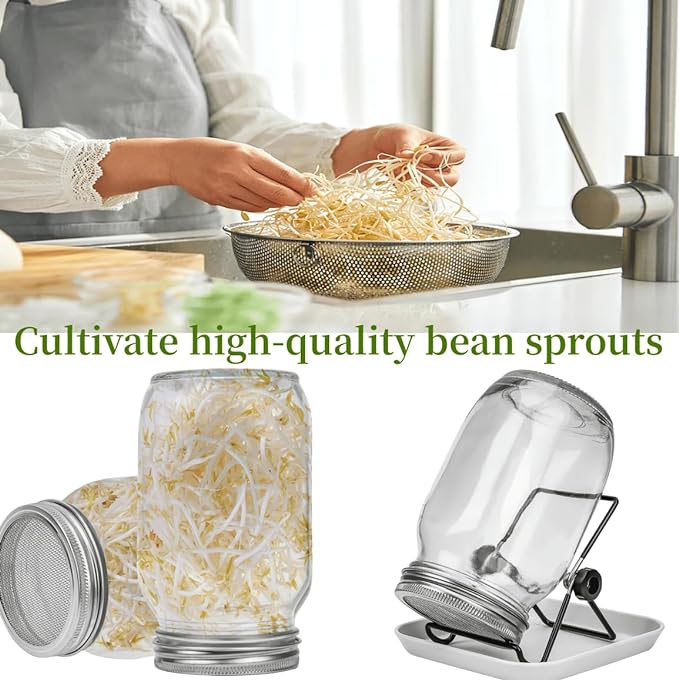 Lulonpon One Sprouting Jar Kit, Wide Mouth Quart Mason Jars with Stainless Steel Screen Sprout Lids, 86mm,1000ml,Stand,Tray and Canning Brush,Seed Sprouter Set for Growing Broccoli, Alfalfa, Mung Bean
