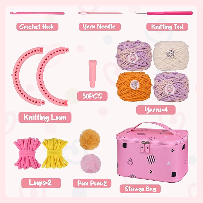 AHCo. Knitting Loom Kit for Beginners, Creative Craft Toy for Girls Ages 7 8 9 10 11 12 with Storage Bags Yarns Knitting Tools, Fantastic DIY Gifts Knit Hat Scarf Coaster (Pink)