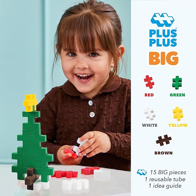 Plus Plus Big - Instructed Tube - 15 Piece Holiday Mix - Construction Building STEM/STEAM Toy, Interlocking Large Puzzle Blocks for Toddlers and Preschool