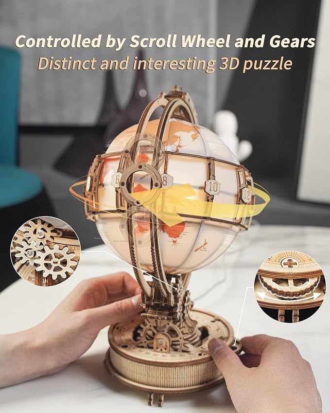 ROKR 3D Wooden Puzzles for Adults-LED Illuminated Wooden Globe Puzzle-Model Building Kits-Room Decor for Teen Girls Boys Women Men