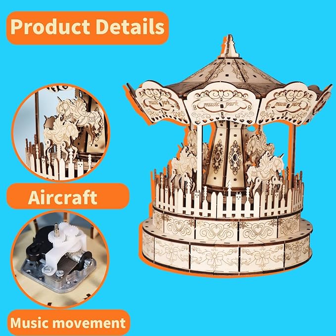 Music Park 3D Wooden Puzzle Carousel Music Box You are My Sunshine Model Kits for Adults Birthday Christmas Unique Gift for Women