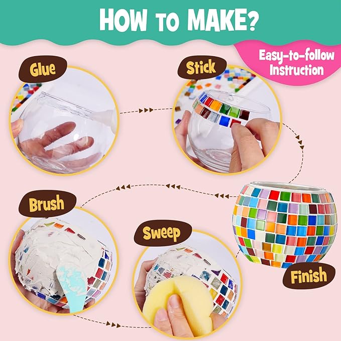 Glass Mosaic Candle Holder Kit – DIY Mosaic Kits for Adults & Crafts for Girls 8-12 – Arts and Crafts for Kids, Tealight Candle Holder for Home Decor, Toys Girls Birthday Christmas Gifts Ages 6 7 8-12