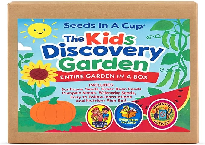 Kids Discovery Garden Kit, Complete Indoor Growing Set with 4 Planters, Premium Soil, Watermelon, Pumpkin, Sunflower & Green Bean Seeds, Educational Activity for Ages 4+