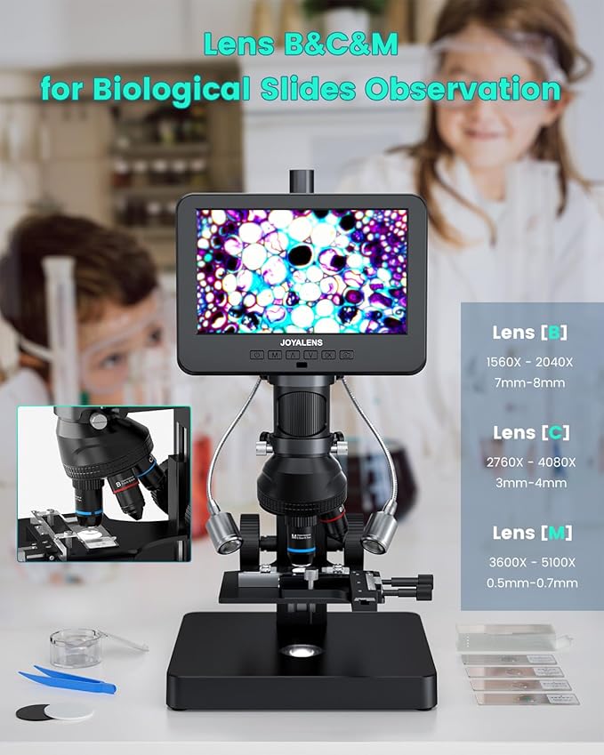 JL266S 5 Lens HDMI Digital Microscope 5000X, 24MP Biological Microscope for Adults Kids Home Lab, Coin Microscopes Full View with 7'' Screen, Windows PC Compatible, 32GB Card