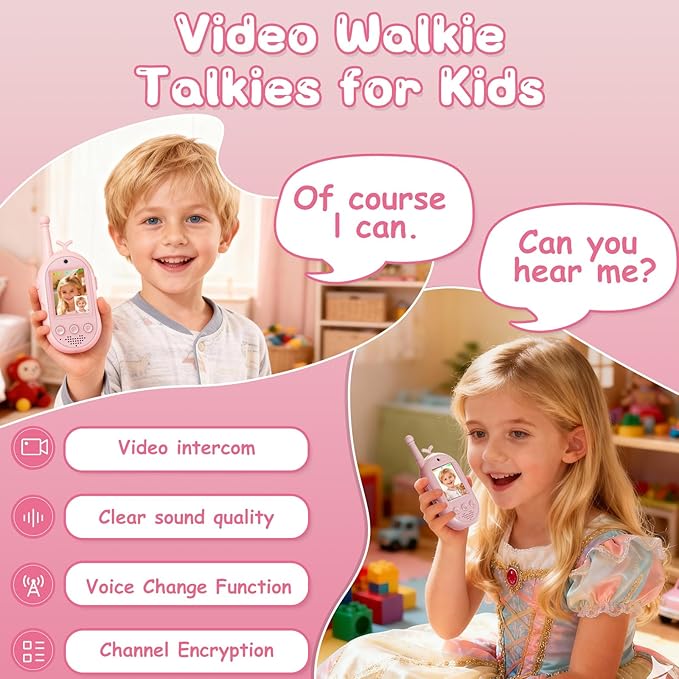 Video Walkie Talkies for Kids Toys - 2 Pack Rechargeable Walkie Talkie with Camera and Screen,Long Range 2 Way Radio for Outdoor Camping Games,Christmas Birthday Gifts for Boys Girls Age 3-12(Pink)