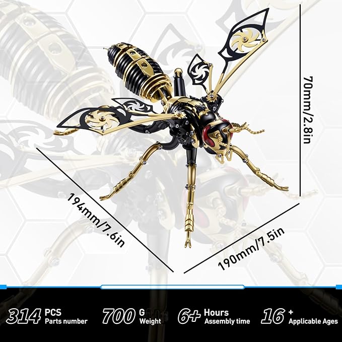 Microworld 3D Metal Puzzle, Northern Giant Hornet 3D Metal Model Kit, Mechanical Wasp 3D Puzzle for Adults, DIY Challenge 3D Puzzles Home Decor Art Craft Gifts (Black Gold)