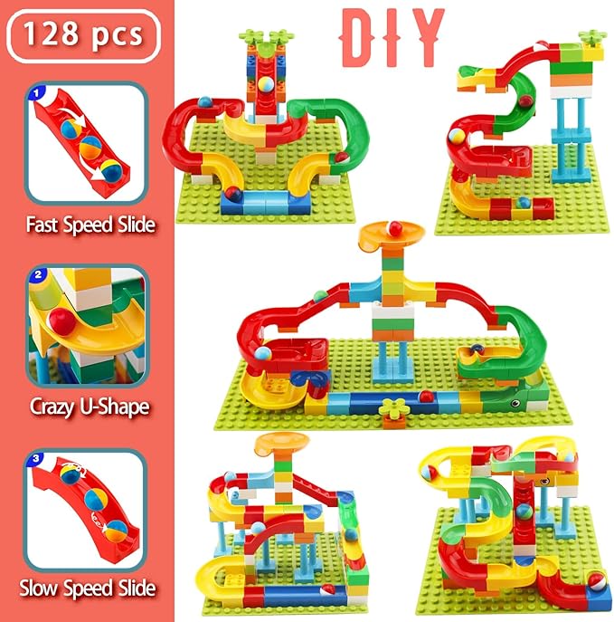 Marble Run Building Blocks for Kids Age 3-8, 128 Pcs STEM Building Bricks Set with Toss Ring Game, Educational Learning Toys for Toddlers Boys Girls Gifts- Compatible with All Major Brands