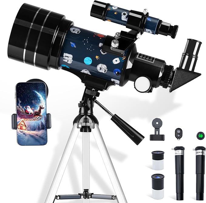 Telescope for Adults Astronomy, 70mm Aperture 300mm Focal Length Portable Astronomical Telescope for Beginners Age Over 8 Years Old with Wireless Remote Carry Bag Tripod, Space