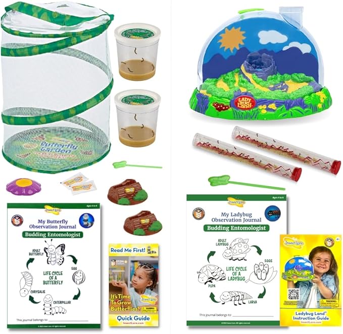 Insect Lore Life Cycle Lessons Bundle | Butterfly Kit with 2 Cups Live Caterpillars | Ladybug Land with 2 Tubes Live Ladybug Larvae | Reusable Habitats, 2 STEM Journals & More