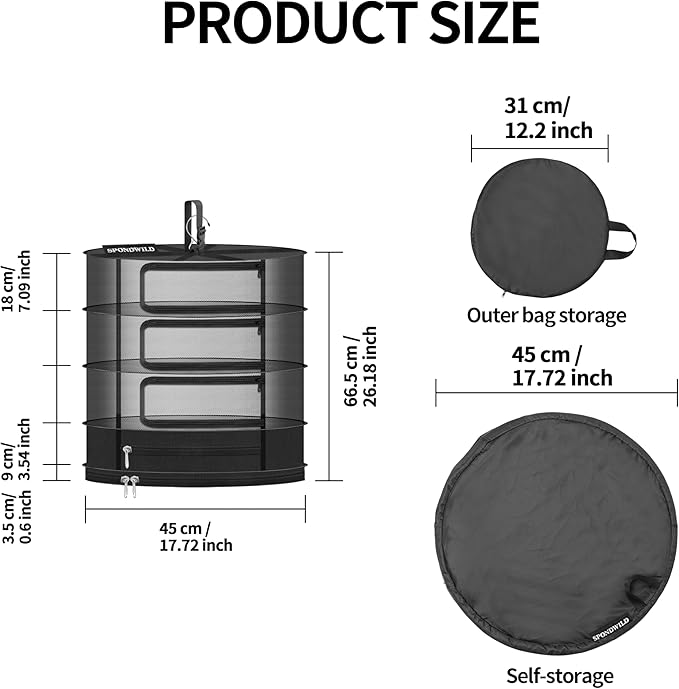 Herb Drying Rack Hanging Mesh, Medium 4 Layer Plant Drying Rack with Door Type Zipper & Closed Storage Compartment for Folding Basket Dryer Fit in Grow Tents?Garden Outdoor