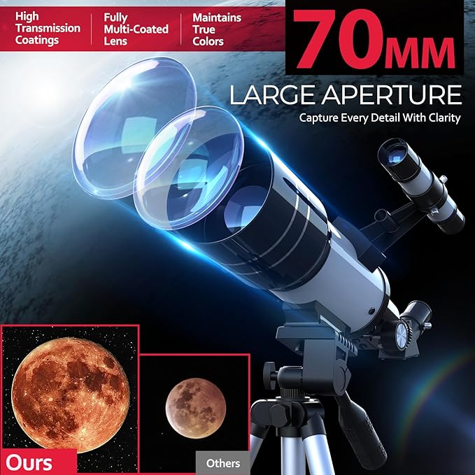 Telescope for Beginners, 70mm Aperture Refractor Astronomy Telescope with 300mm Focal Length, 15X-150X Magnification, Tripod, Phone Adapter, Wireless Remote