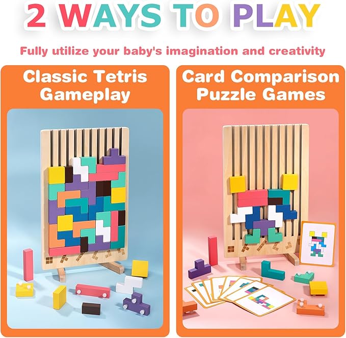 Wooden Stacking Puzzle Toy,Montessori Brain Blocks,Russian Blocks Puzzle,Brain Teasers Game with 10 Cards,Home Decor,Montessori Toys for 3 Year Old Boys&Girls