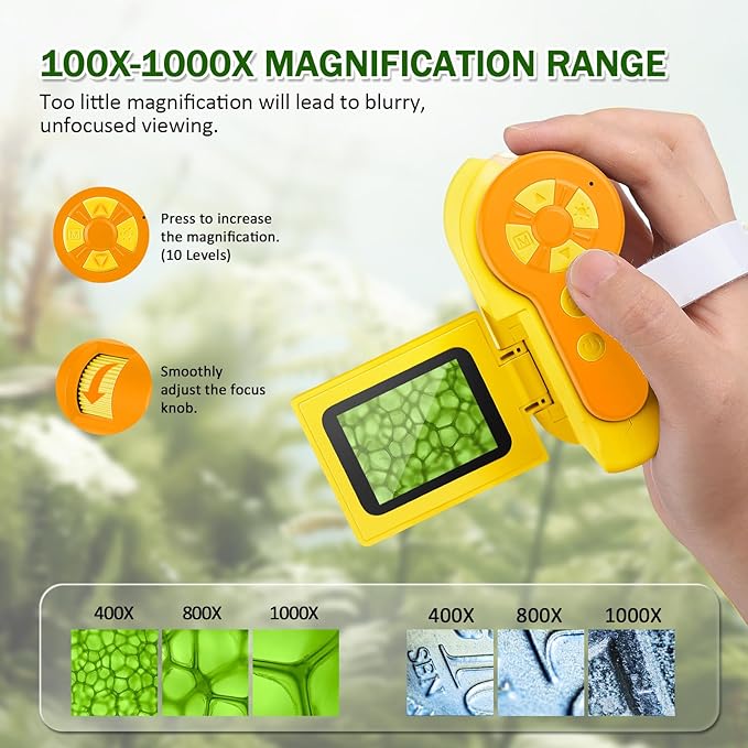 1000X Handheld Microscope for Kids, 4K 2.0" Screen Mini Pocket Microscope with 6 Adjustable LED Lights, Edu Science Birthday Christmas Gifts for Kids Ages 8-12, 32G SD Card Included - Yellow
