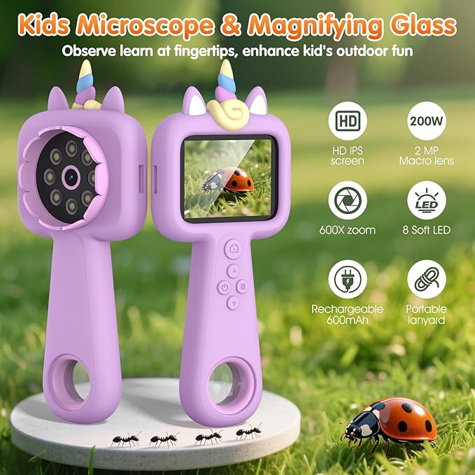 Kids Microscope - 2.4" IPS Screen, 600X-4800X Digital Magnification, LED Light, Purple Unicorn Silicone Cover, Educational Science Toy