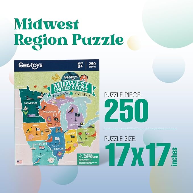 Geotoys Midwest Region Jigsaw Puzzle - 250 Piece Puzzles for 8 Year Olds - Jigsaw Puzzles for Kids Ages 8-12 Years Old - Kids Puzzle Games with Colorful Landmarks