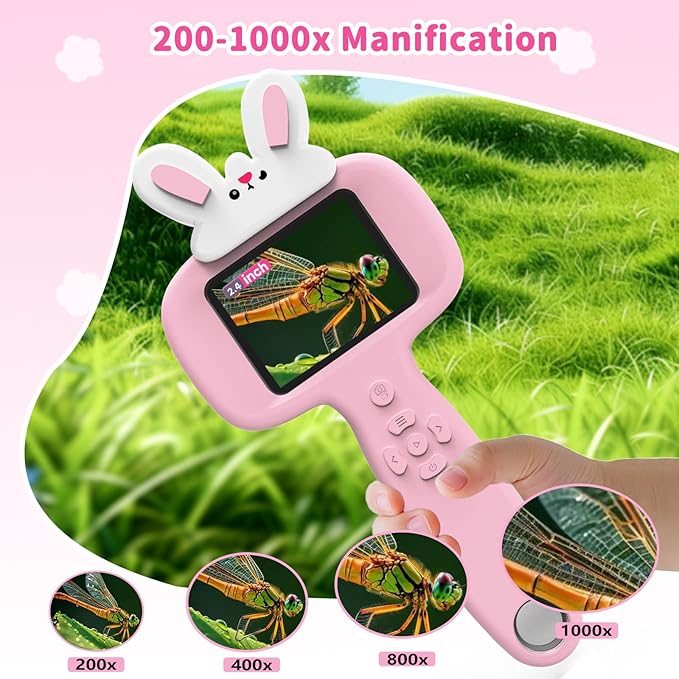1000X Microscope for Kids with 16 Slides, 2.4" Handheld Digital Pocket Microscope, STEM Educational Science Toys for Christmas Birthday Gifts for 3+ 4 5 6 7 8 9 10 11 12 Year Old Boys Girls, Pink
