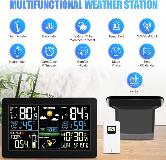 Weather Station with Rain Gauge Outdoor, Home Weather Stations Wireless Indoor Outdoor with Digital Rain Gauges, Thermometer, Barometer, Hygrometer, Atomic Clock, Weather Forecast and Alerts