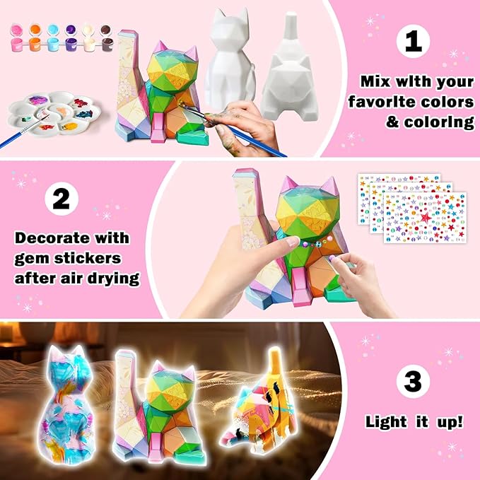 FUNZBO 3pcs Paint Your Own Cat Lamp Kit - Arts and Crafts Supplies Kitten Painting Kits for Kid Teen, DIY Night Light Toy for Toddlers Girl Boy Age 3 4 5 6 7 8 9 10 11 12 13 Christmas Birthday Gifts