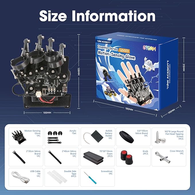ESP32 Motion-Sensing Glove Supports Arduino, ACECode & Python，DIY Robotic Mechanical Hand STEM Toy Starter Kit Five Fingers Arm for Robot Kit Control, Science/Coding/Programming Set