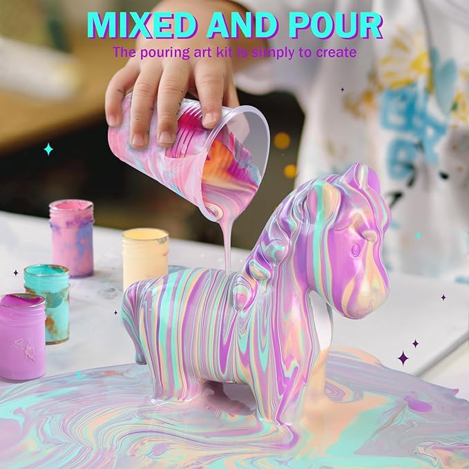 Unicorns Paint Pouring Art Kit - DIY Craft for Kids Age 6-12, Arts and Crafts Kit for Girls & Boys, Toys Girls Boy Birthday Gift Ages 4 5 6 7 8 9 10 11 12+