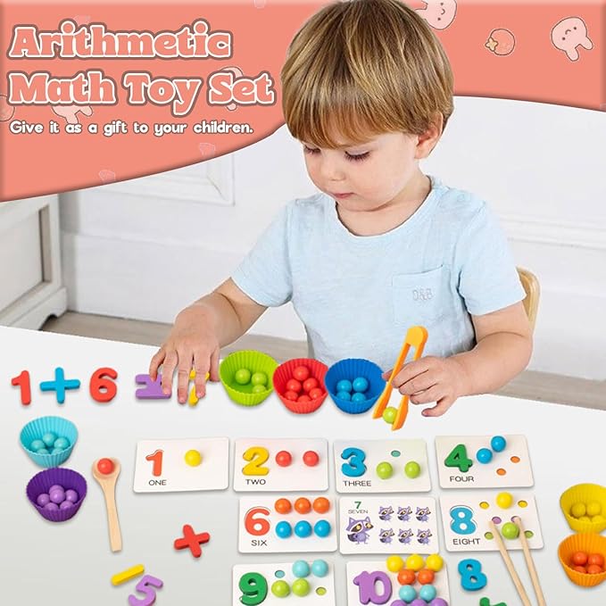 Montessori Arithmetic Math Toy Set, Montessori Arithmetic Kit, Silicone Number Learning with Beads, Number Cognitive Clip Bead Matching Gamefor Early Childhood Educational Activities (1Set)