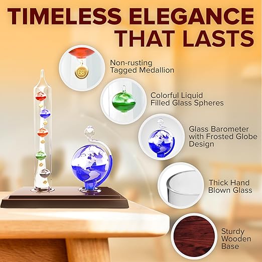 JJ Care Galileo Thermometer with Glass Globe Barometer Frosted, Galileo Weather Station Measures Temperatures from 64ºF to 80ºF, Glass Galileo Thermometer for Indoor and Outdoor Home Décor