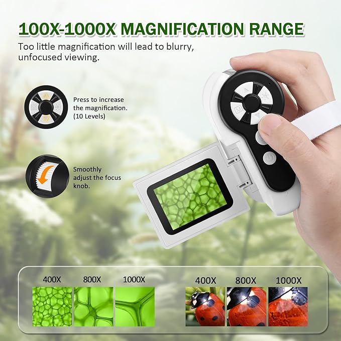 1000X Handheld Microscope for Kids, 4K 2.0" Screen Mini Pocket Microscope with 6 Adjustable LED Lights, Edu STEM Science Christmas Birthday Gifts for 8 9 10 11 12 Year Old Boy Girl