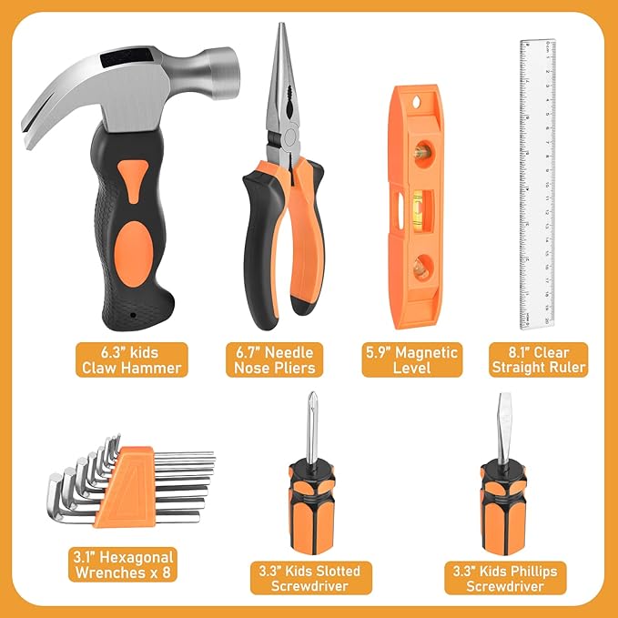 VIGRUE 𝐊𝐢𝐝𝐬 𝐓𝐨𝐨𝐥 𝐒𝐞𝐭, Children Gift Present Real Hand Tools Kit with Belt and Bag, Boy Builder Small Learning Accessories Construction Hammer Screwdriver for Home DIY Woodworking