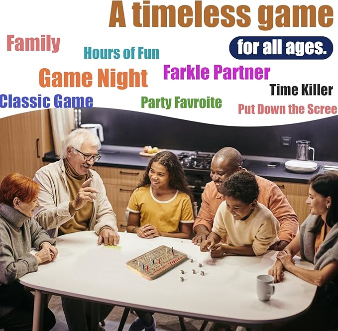 Tuiiopoli Farkle Dice Scoreboard Set, Paper& Pens- Free Design 4 Sets of Colored Player Pegs 6 Wooden Dice for Game Night Party Travel (Original Oak)