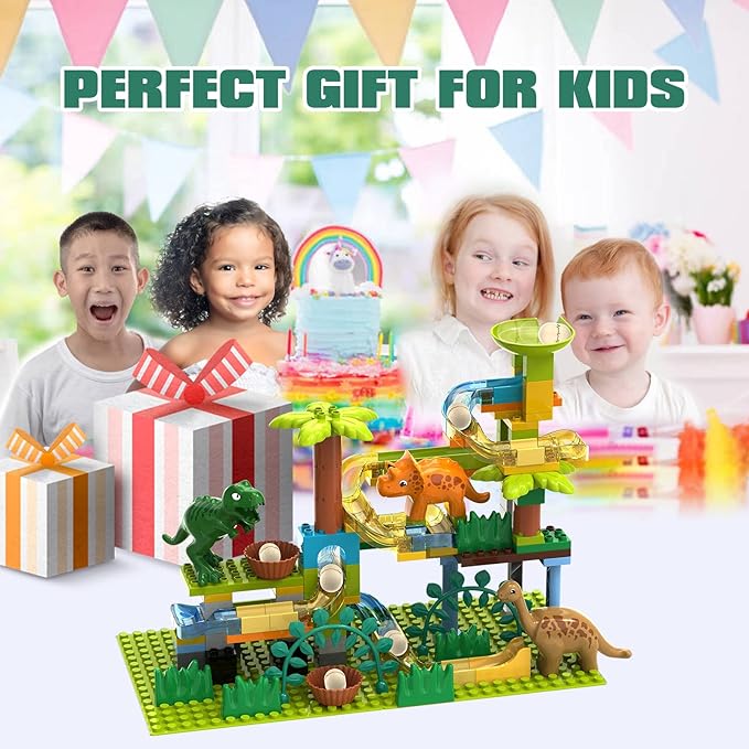JIXIn Dinosaur Marble Runs for Kids 4-8 - Building Blocks Compatible with DUPLO Lego Sets - 125 PCS Classic Big Blocks for Toddlers Ages 3-5 - Montessori Learning STEM Toys