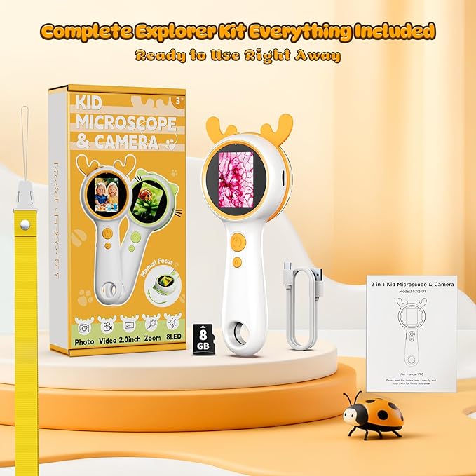 3-in-1 Kids Microscope and Camera - 2" LCD, 600x, Adjustable Focus, Handle Magnifying Glass, Portable Handheld for Outdoor Exploration, STEM Learning, 8GB SD Card Included