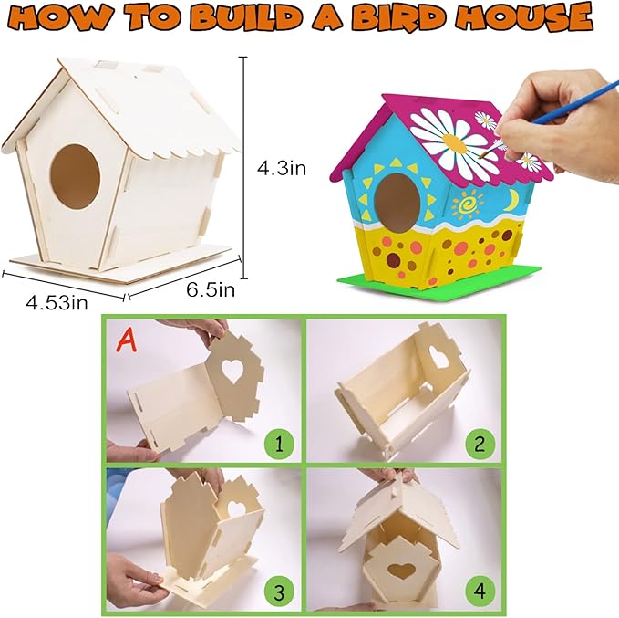 hapray 12 Pack Bird House Kit, DIY Birdhouse Kits, Wooden Crafts Arts for Children to Build and Paint (Includes Paints & Brushes) for Kids Girls Boys Toddlers Halloween Christmas Gift