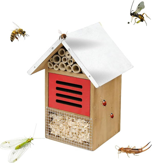 Wooden Mason Insect Bee Butterfly House with Metal roof,an Outdoor Hanging Habitat for Bee Butterfly Ladybugs