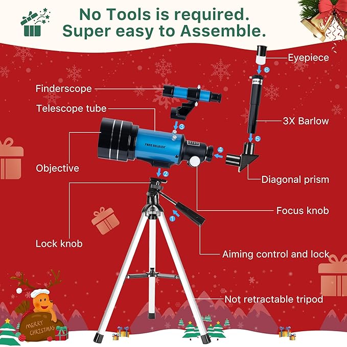 FREE SOLDIER Telescope for Kids 70mm Aperture Astronomical Refractor Telescopes for Beginners (15X-150X) 300mm Telescope for Adults High Powered with A Phone Adapter & A Wireless Remote (Blue)
